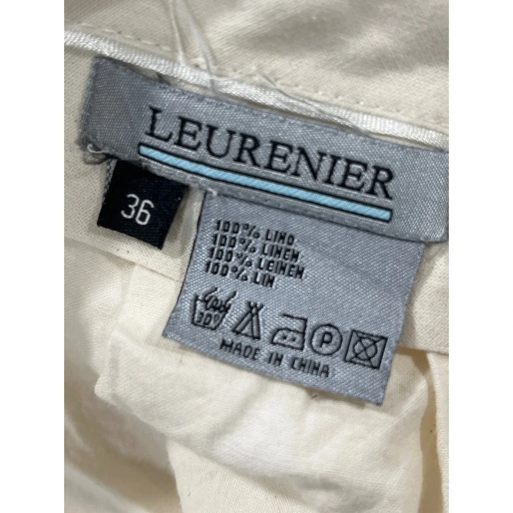 Leurenier Mens 100% Linen Pleated Trousers Off White Cream Wide Leg Pants Sz 36